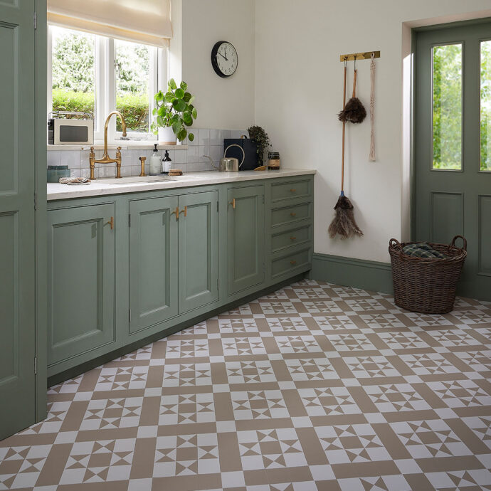 Lattia Talo Koto - Cream, Greystone, Pale Green Glue Down LVT Flooring