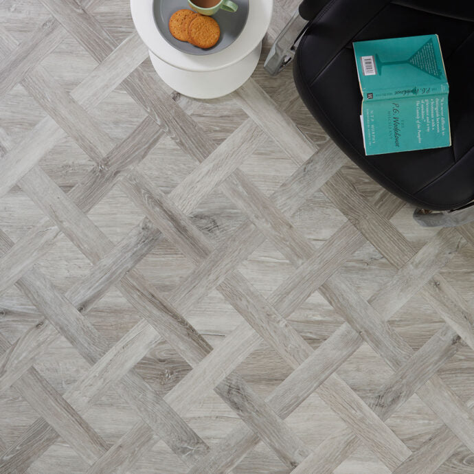 Lattia Metsä Ice Oak Basket Weave Glue Down LVT Flooring