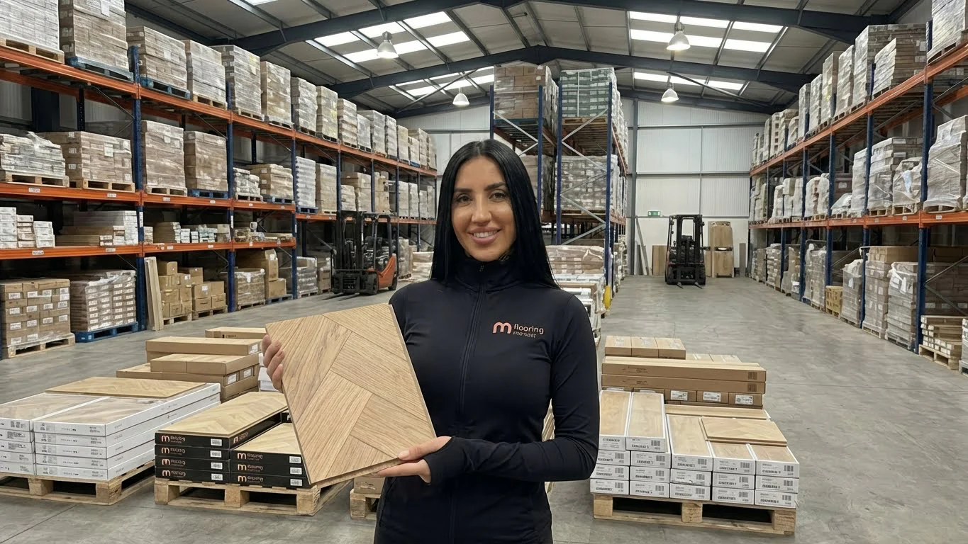 Flooring Monster UK warehouse with stacked pallets
