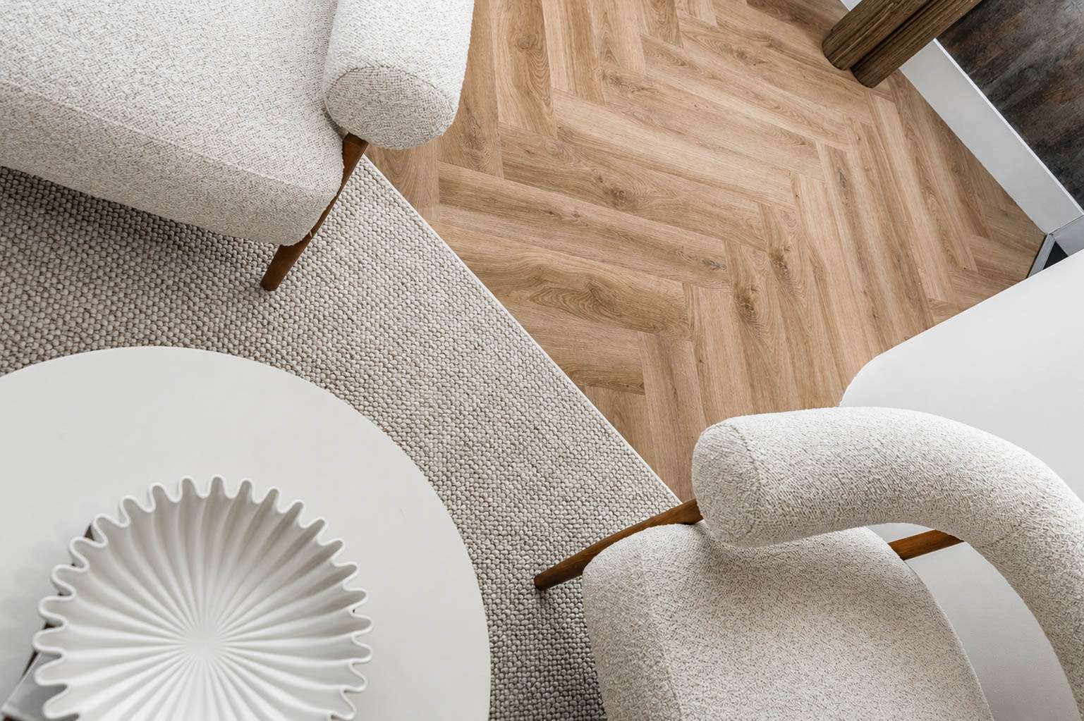 Lattia Piana Auburn Oak — Large Parquet — Overhead detail — chair legs meet parquet
