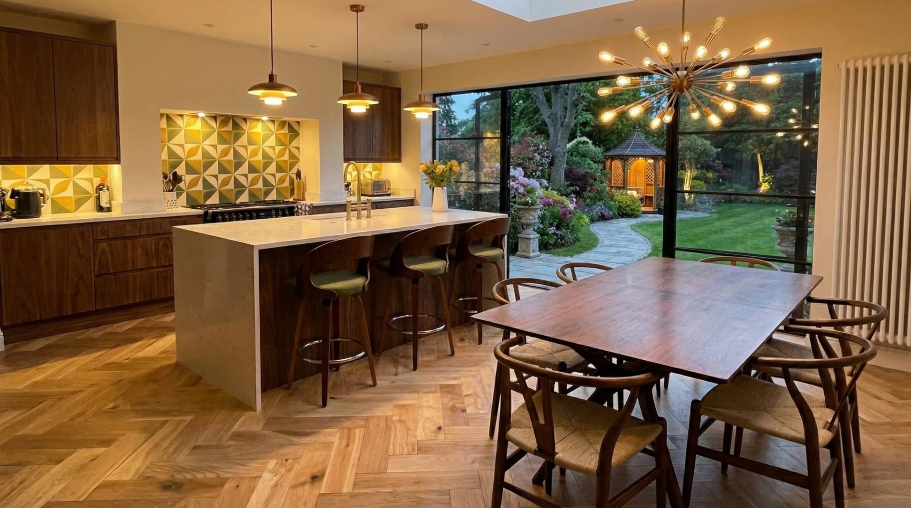 Medici Cremello Oak Herringbone — Afternoon glow through the garden doors