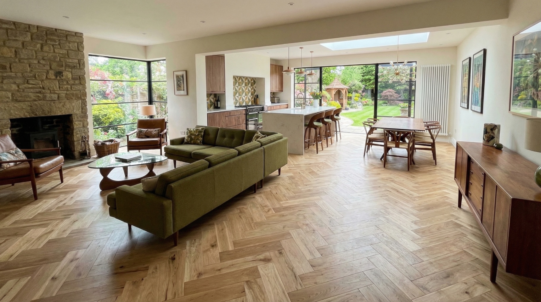Medici Cremello Oak Herringbone — Open living — kitchen, lounge, dining