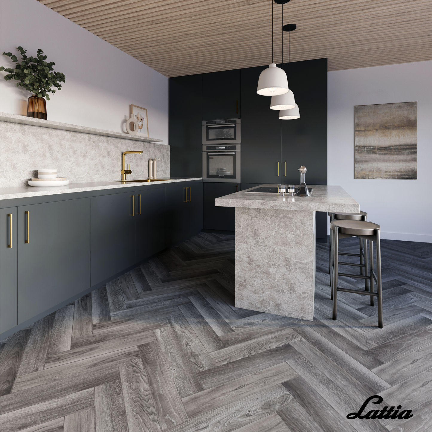 Lattia Vantaa Midnight Fog Herringbone Gluedown LVT Flooring