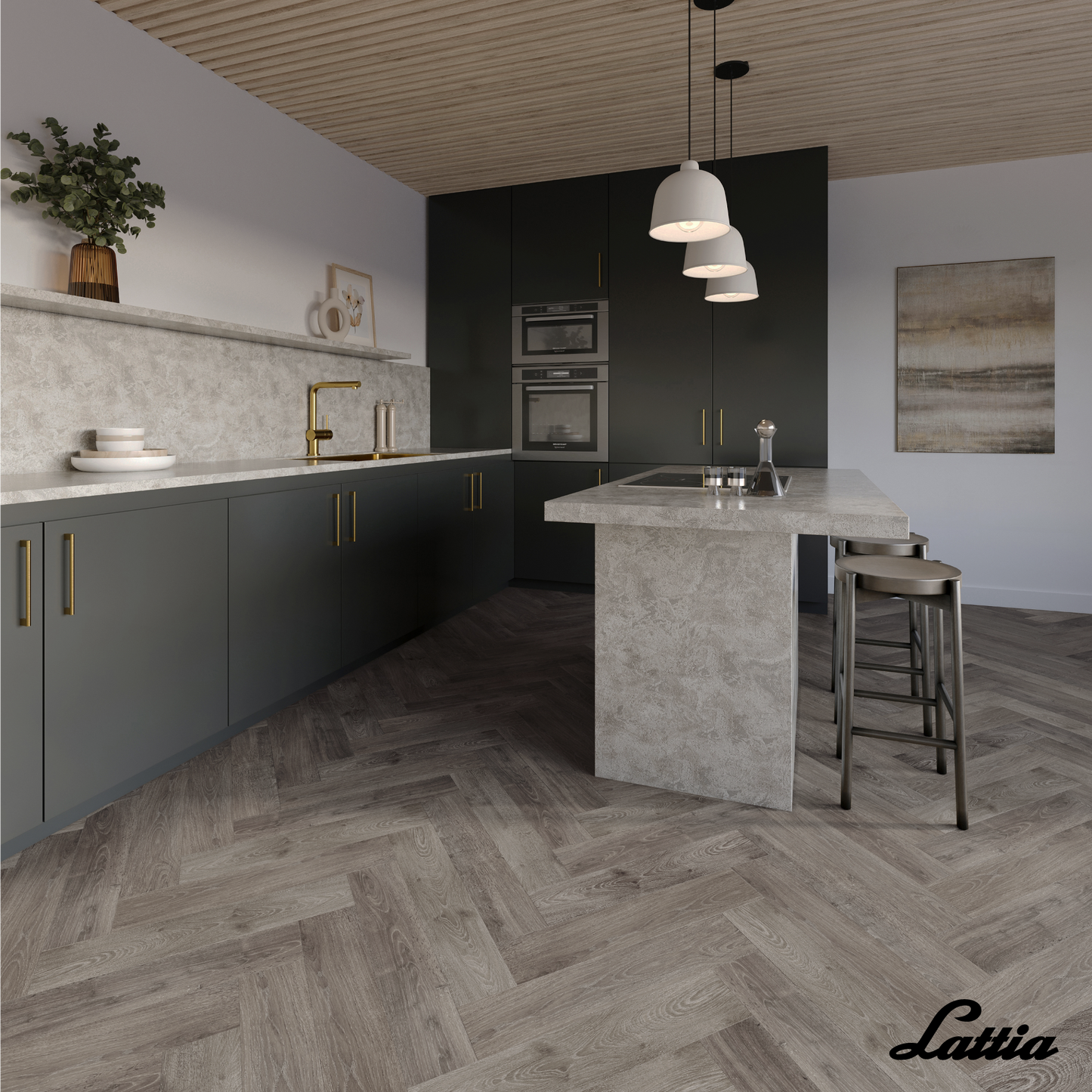 Lattia Vantaa Graphite Herringbone Gluedown LVT Flooring