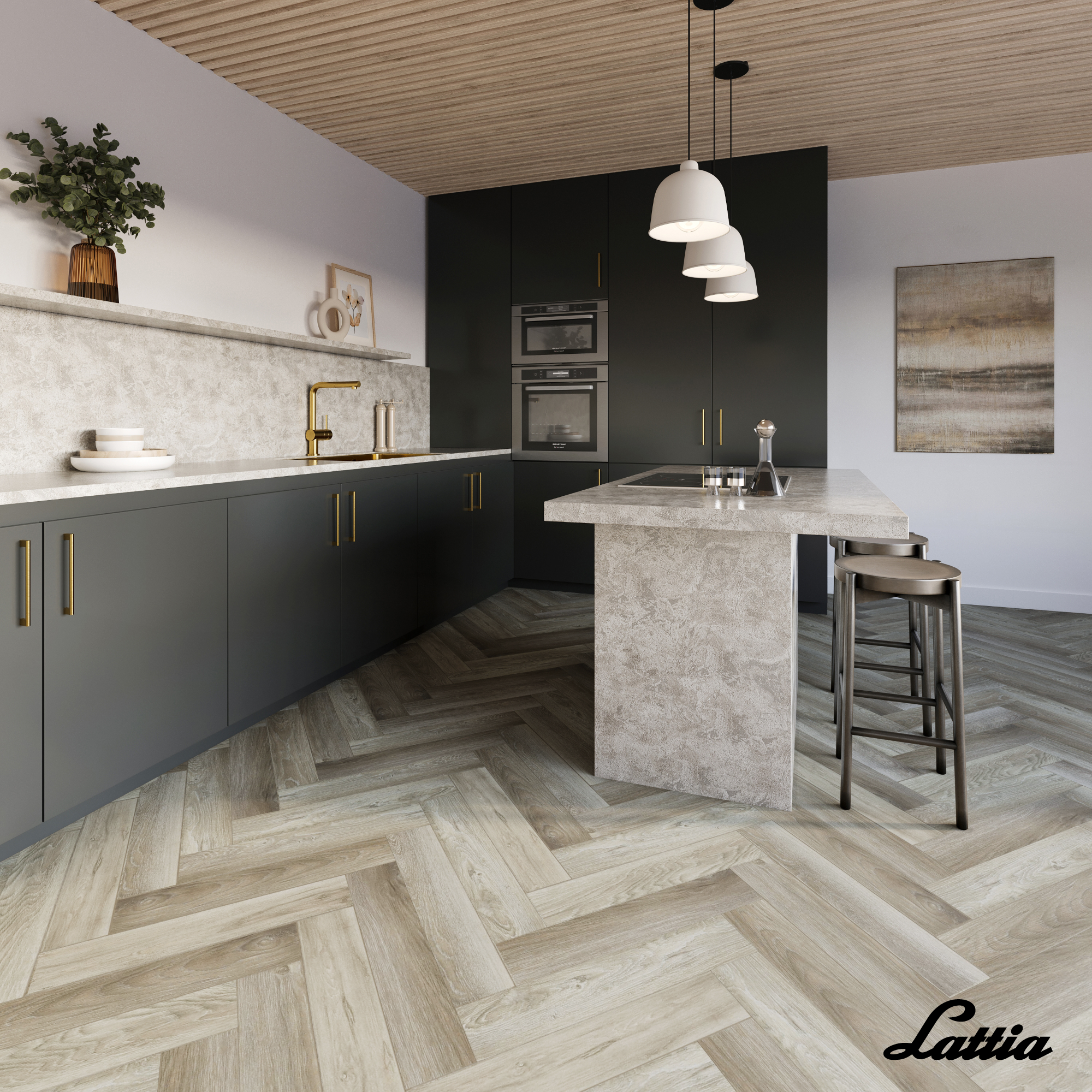 Lattia Vantaa Taupewood Oak Herringbone Glue Down LVT Flooring - Flooring Monster